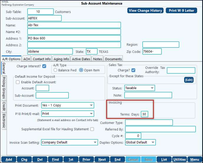 Invoicing tab