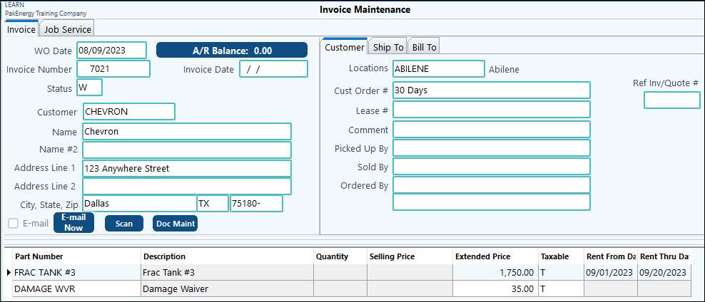 inv rental 28 day invoice entry